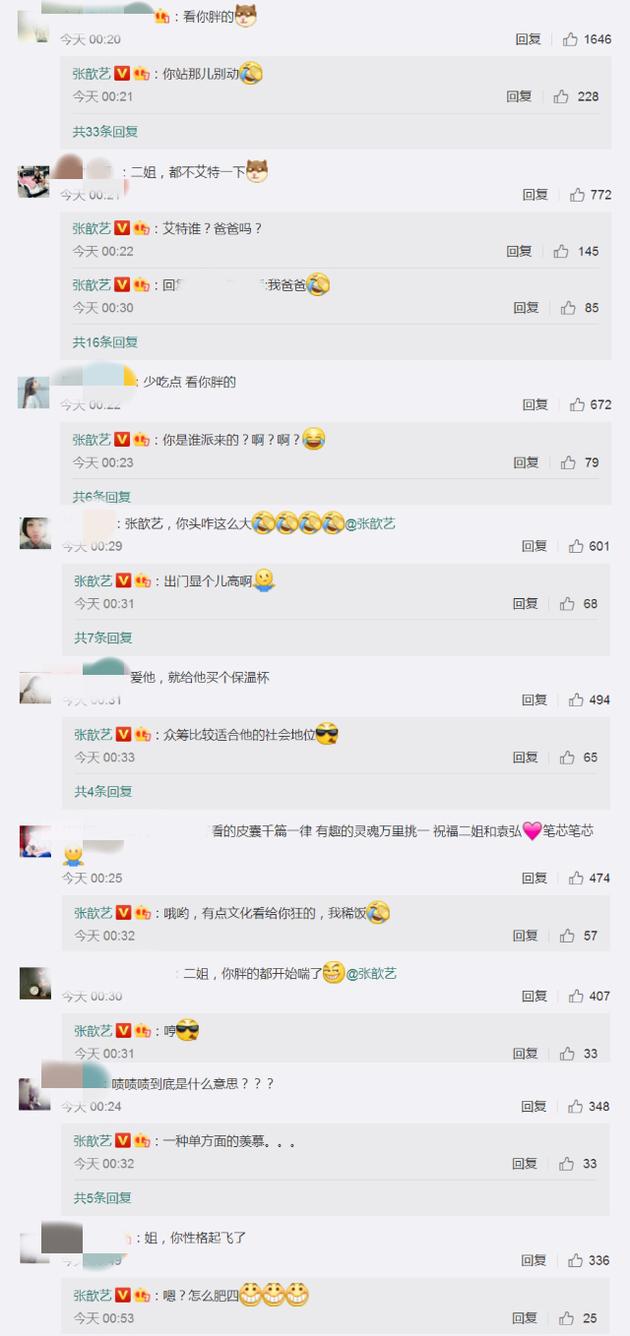 张歆艺回复网友评论截图