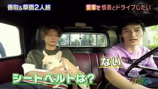 草彅刚开车，香取慎吾抱着他的爱犬Kurumi。