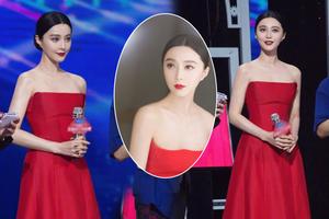 范冰冰一袭抹胸红裙秀雪白香肩