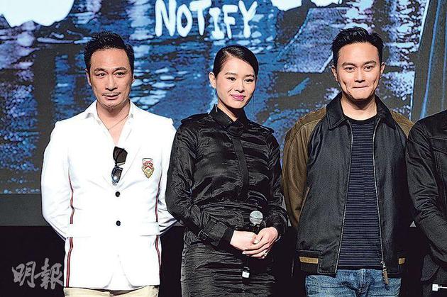 吴镇宇(左起)、胡杏儿及张智霖合演邱礼涛执导的新片《暗黑者》。