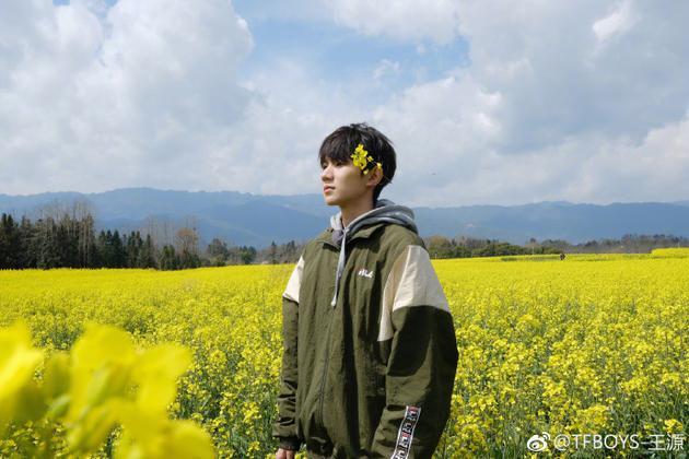 王源站在油菜花地里