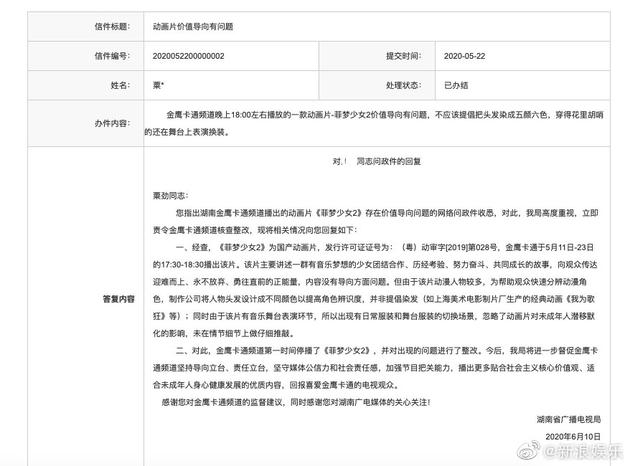 动画片因角色染发被举报 频道停播并对其整改