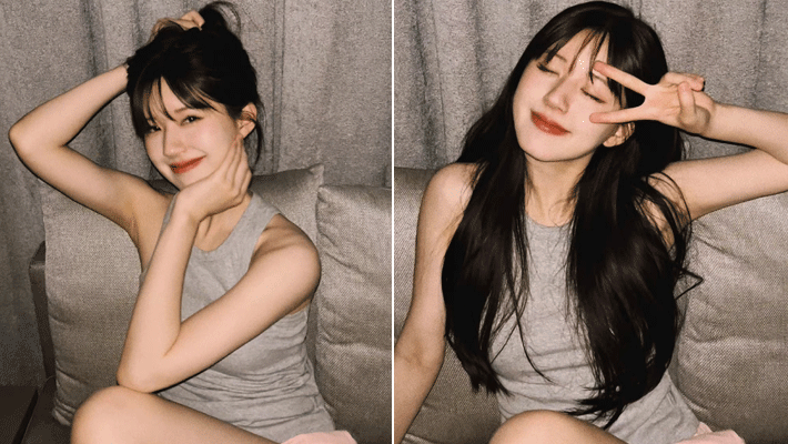 赵露思穿背心秀纤细手臂比耶好可爱