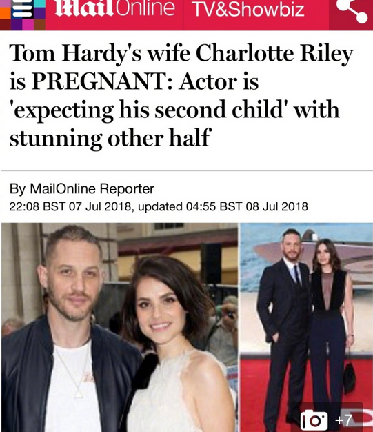 外媒曝汤姆哈迪将再当爸 妻子夏洛特二度怀孕