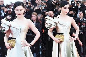 范冰冰香槟金单肩泡泡袖礼服 华贵女王气场