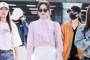 江疏影造型清爽条纹衬衫配短裤显腿长