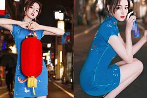 迪丽热巴哪吒头配蓝色旗袍身材凹凸有致