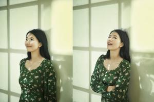 高圆圆穿绿碎花裙感受夏天侧颜精致