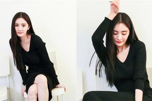杨幂黑色v字领连衣裙尽显好身材