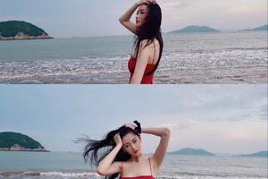 张天爱海边美照 红色吊带裙曲线玲珑