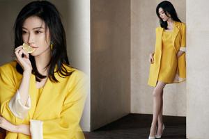 景甜穿柠檬黄西装搭配同色短裙长腿纤细