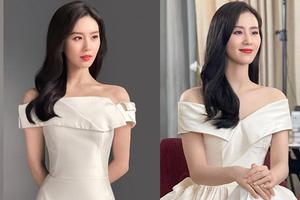 刘诗诗穿露肩白裙典雅高贵肩颈线条优越