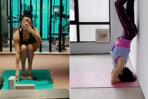 张柏芝晒瑜伽健身照手臂线条好明显