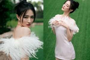 徐璐穿羽毛抹胸裙肩颈优越颜值高