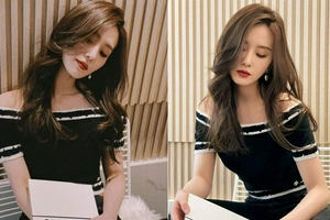 刘诗诗一字肩配大波浪温柔有风情