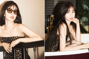 虞书欣穿抹胸豹纹短裙秀精致锁骨