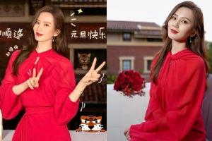 刘诗诗穿红裙画红唇双手比V好喜庆