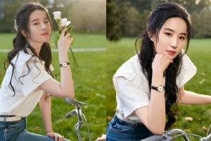 刘亦菲长卷发配休闲装尽显清新之美