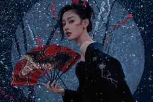 张天爱雪景红梅国风大片 着黑裙手持红扇酷飒十足