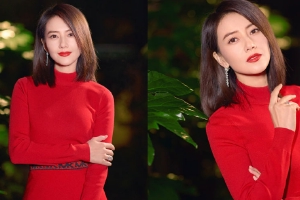高圆圆穿红色连衣裙身姿婀娜