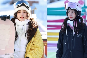 Angelababy爱心腮红妆亮相雪场