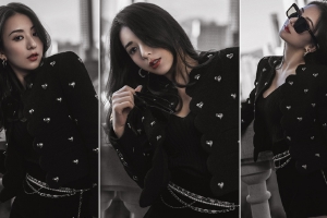 方媛全黑look短裤搭配长筒靴时尚有质感