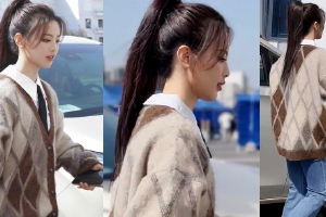 杨超越综艺上班穿娃娃领衬衫俏皮灵动