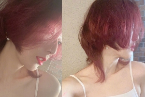 郑秀文晒红色“水母头”精致时髦