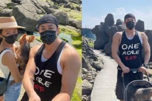 何润东晒和老婆出游照46岁的他肌肉发达