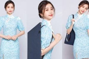 虞书欣蓝色旗袍写生照温婉动人