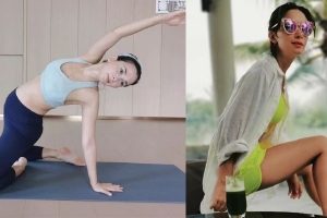 卢靖姗挺孕肚做瑜伽四肢纤细状态好