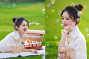 赵丽颖露营随拍 置身彩色泡泡中梦幻童真