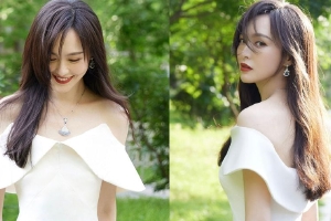 唐嫣白色露肩长裙大片长发翩然温柔缱绻