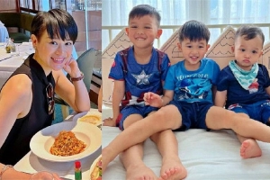 胡杏儿老公晒儿子合照 三小只互动有爱