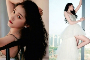 关晓彤穿白色烫金纱裙秀长腿