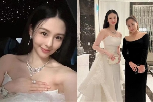 邱淑贞女儿沈月穿白色抹胸长裙参加晚宴