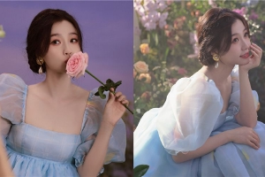 虞书欣穿蓝色泡泡袖纱裙好似公主