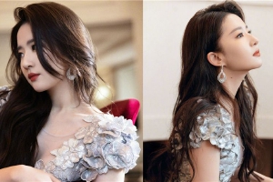 刘亦菲穿亮银色缀花长裙温柔大方