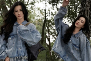 张柏芝穿浅蓝色牛仔套装慵懒随性