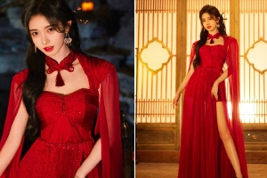 鞠婧祎穿红色露背抹胸裙秀长腿 红唇魅惑又俏皮