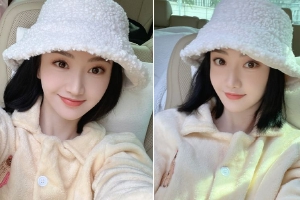 景甜车内自拍戴毛绒帽保暖不失时尚感