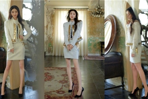 杨幂穿白色小香风套装温柔优雅