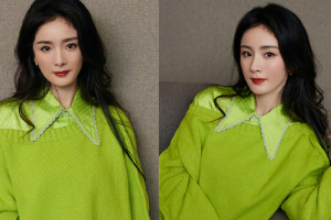 杨幂叠穿绿色上衣清爽有型