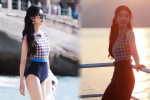 张俪穿格子泳衣露细长美腿超吸睛