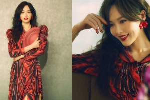 唐嫣红黑开叉长裙露灿笑气质佳