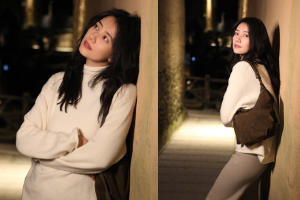 高圆圆秀发披肩配浅咖色穿搭温柔动人