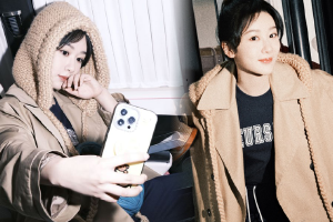 杨紫着卡其色穿搭头戴帽子可爱温柔