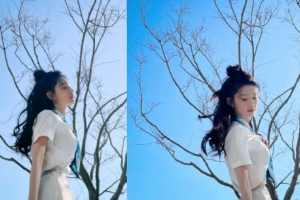 李沁晕染色浅蓝半裙好美