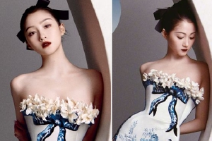 关晓彤穿青花瓷刺绣裙展现东方韵味