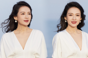 章子怡穿白色深V套装显精致